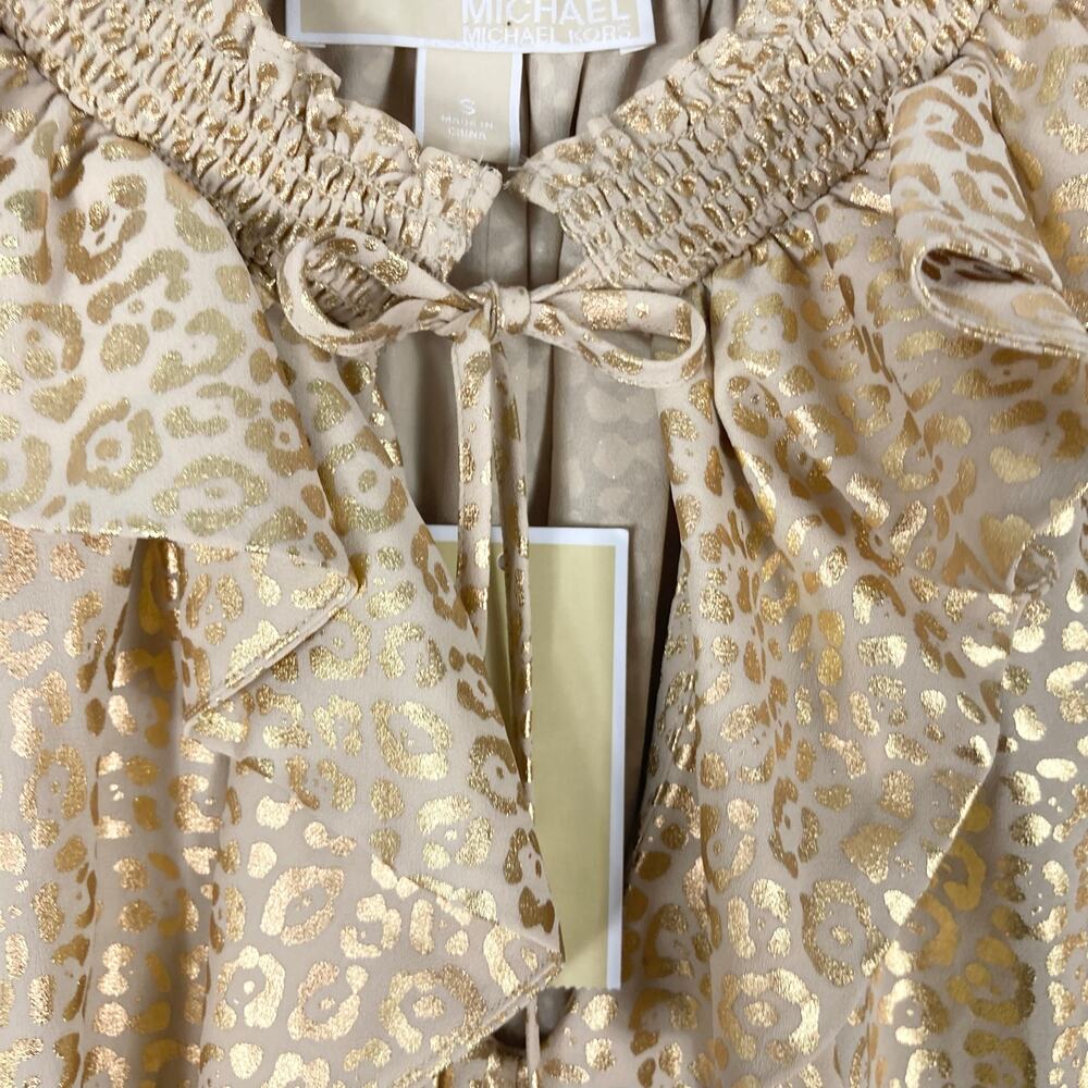 NWT MICHAEL KORS Top S Gold Geo Dots Ruffle Bow-Tie Balloon-Flounce-Long-Sleeve - Picture 4 of 16